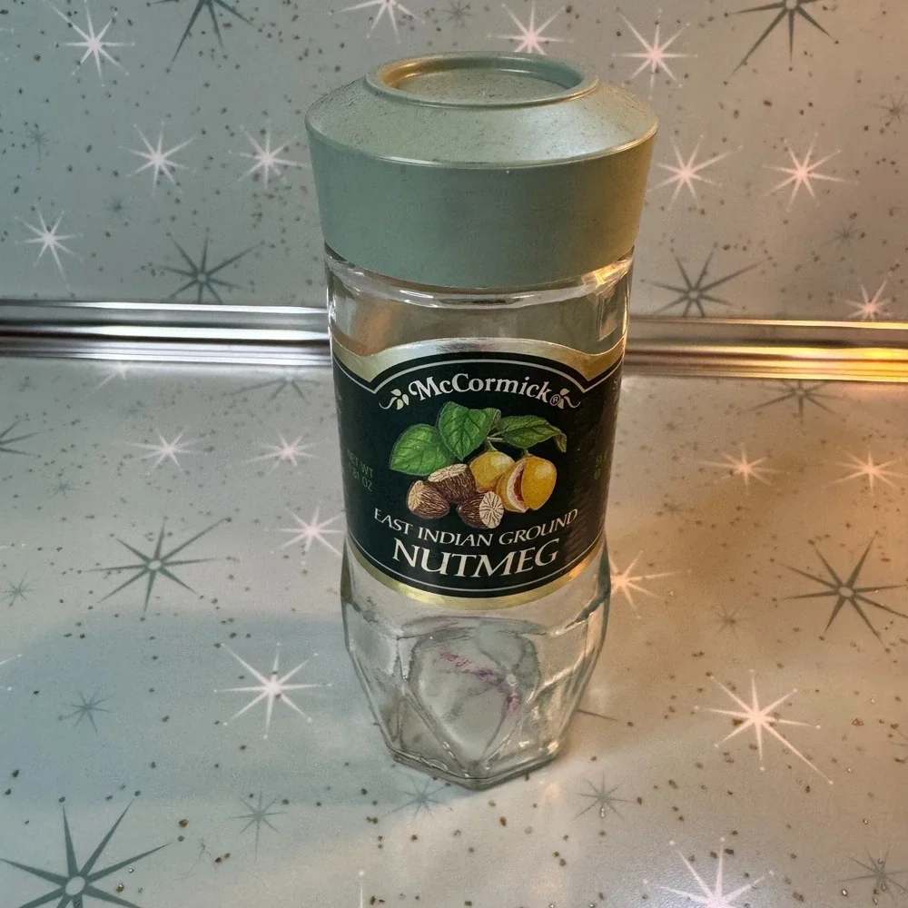 Vintage McCormick Nutmeg Jar Green Label & Lid Glass Spice Bottle Retro Kitchen